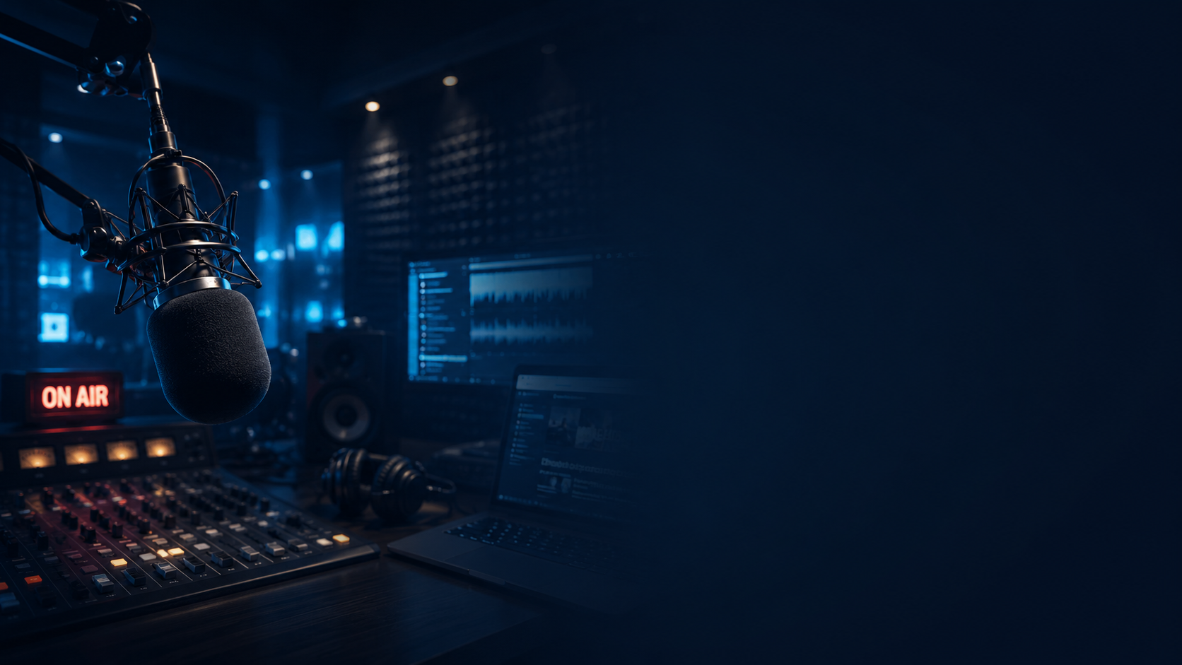 Studio radio moderne avec micro et ambiance digitale