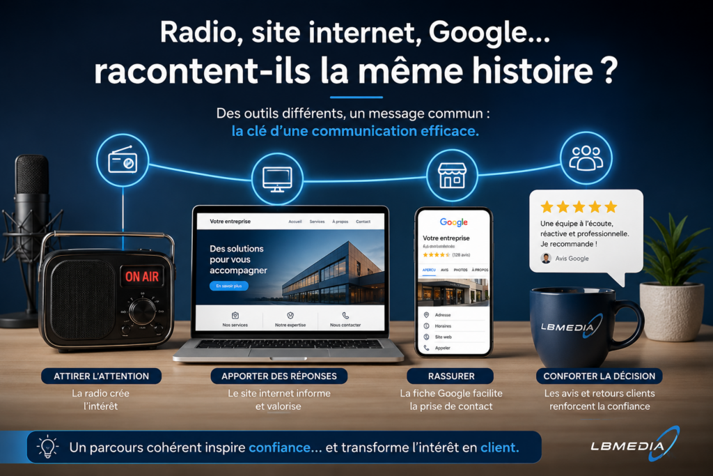 Illustration montrant le parcours d'un client entre une publicité radio, un site internet, une fiche Google Business et les avis clients, soulignant l'importance d'une communication cohérente pour renforcer la confiance.