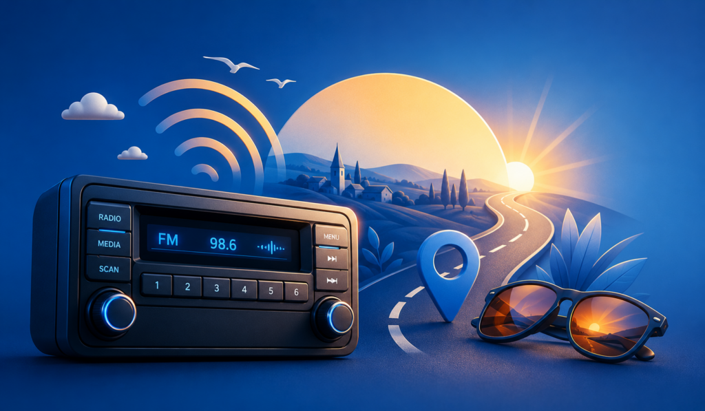 Illustration représentant une campagne de publicité radio en été avec un autoradio, une route ensoleillée et un paysage évoquant le Lot.